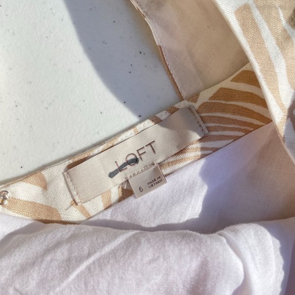 Loft Women's Dress 6 Mini Palm Tree Print Tan Short Sleeve Square Neck New - Picture 7 of 11